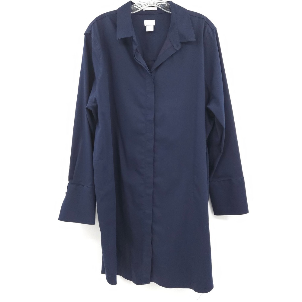 Chico's No-Iron Chic Stretch button up Tunic Women 3 (XL) Navy Long Sleeve